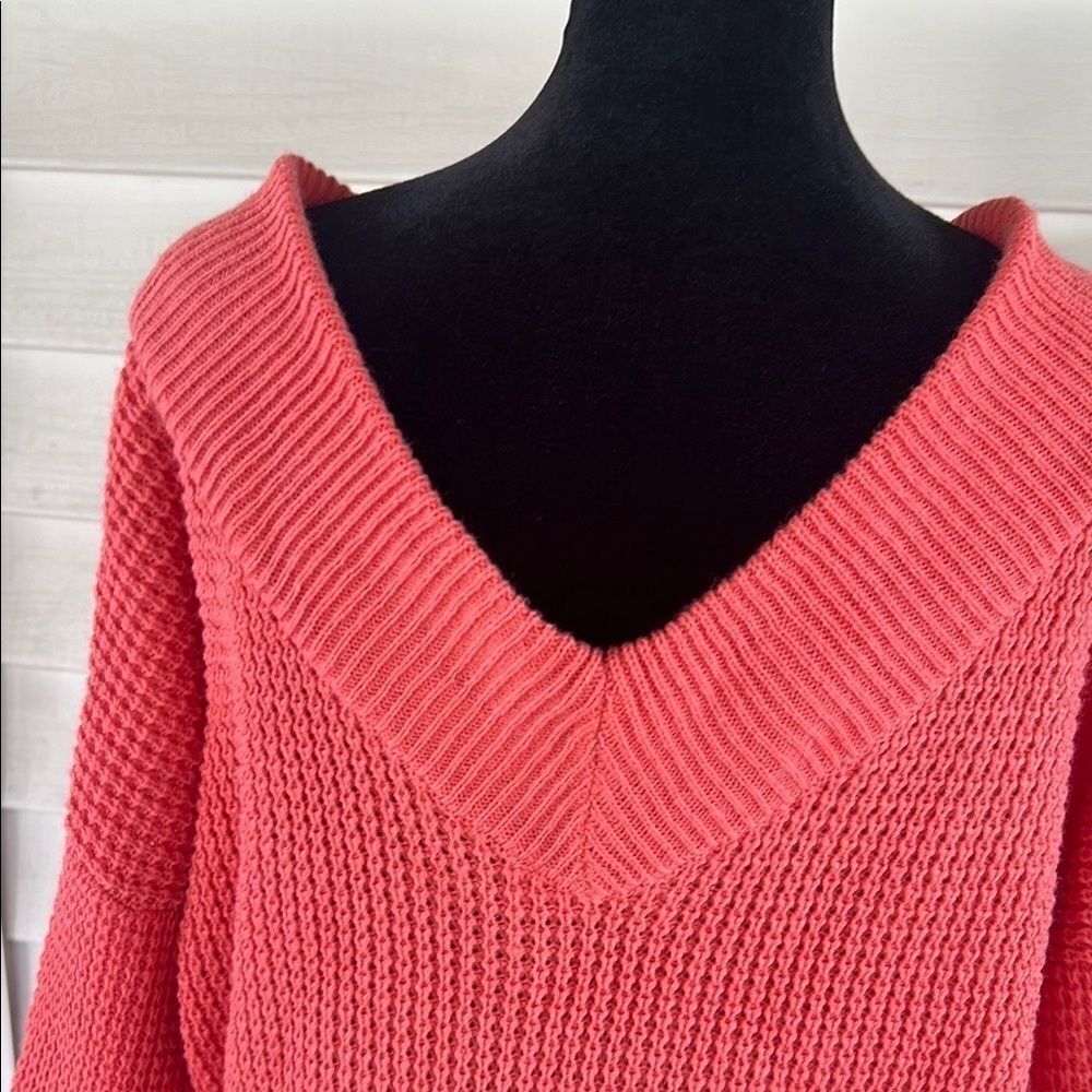 Zenana Pink V-Neck Sweater with Waffle Knit - Picture 6 of 7